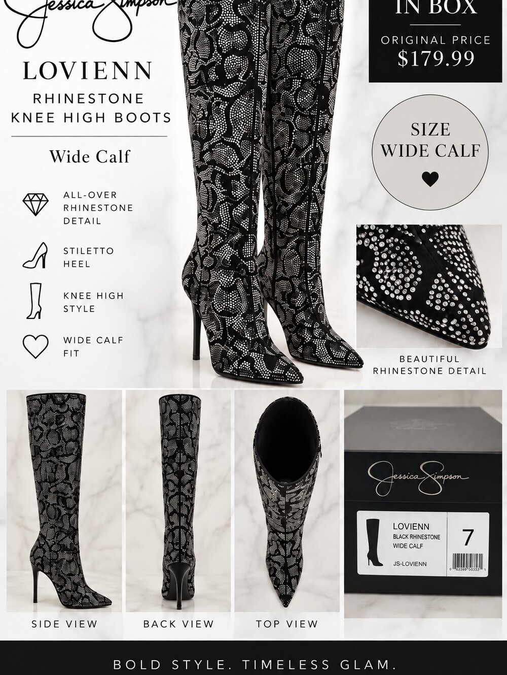 NIB Jessica Simpson black and tints of gold  rhinestone knee-high stiletto boots